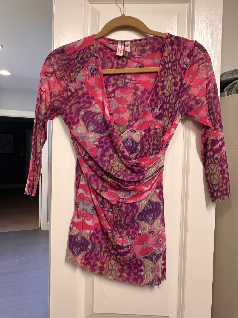 VIntage Sweet Pea floral-print mesh 3/4 length Sleeve Top